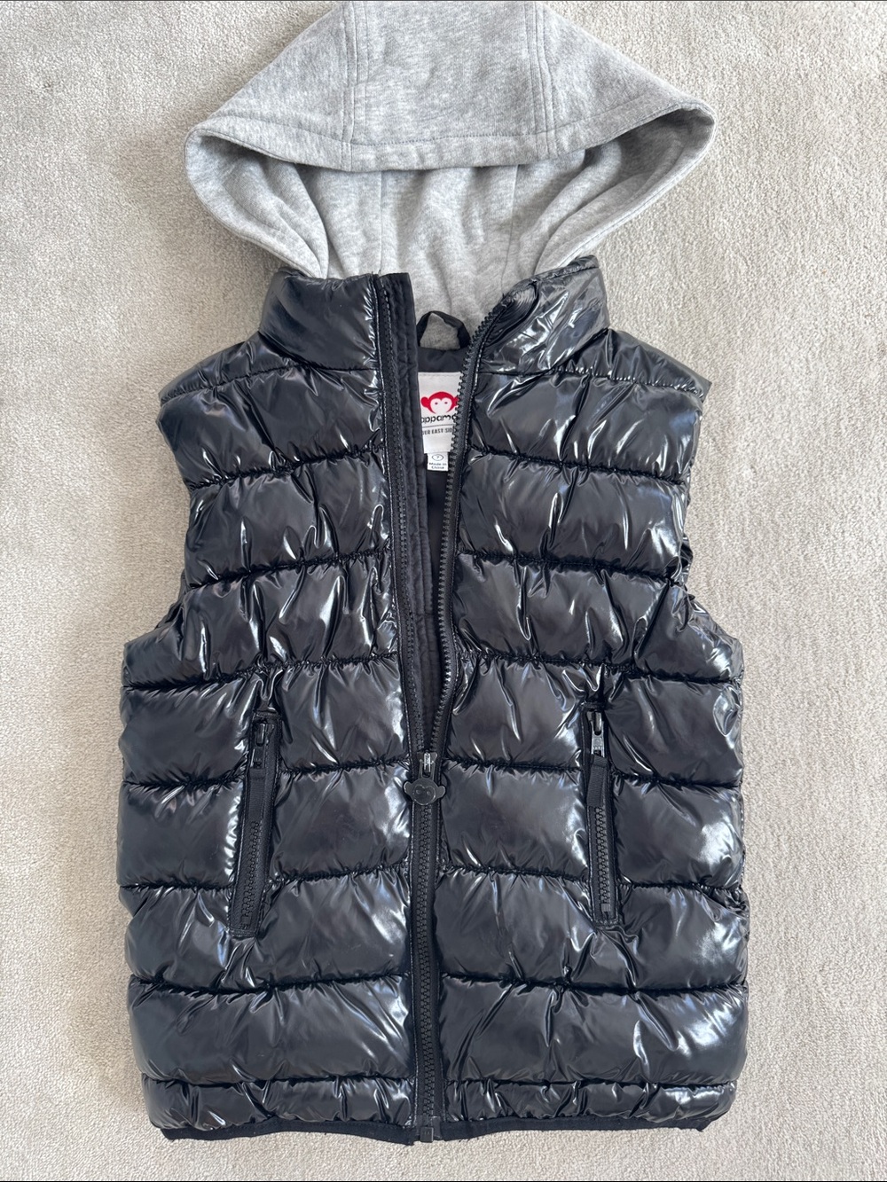 Appaman Boys Black Shiny Puffer Vest with Gray Hood, size 7